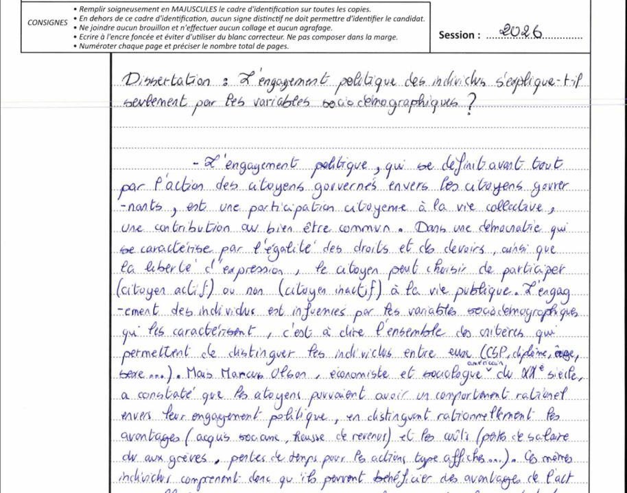Sujet de dissertation SES &eacute;crit &agrave; la main sur une copie de bac not&eacute;e 20/20